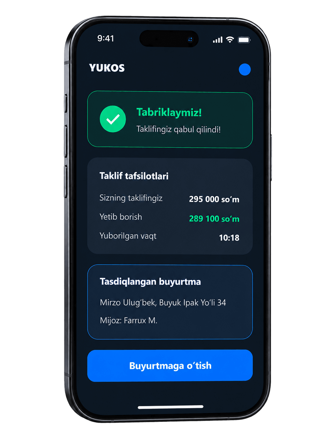 YUKOS driver app — accepted offer